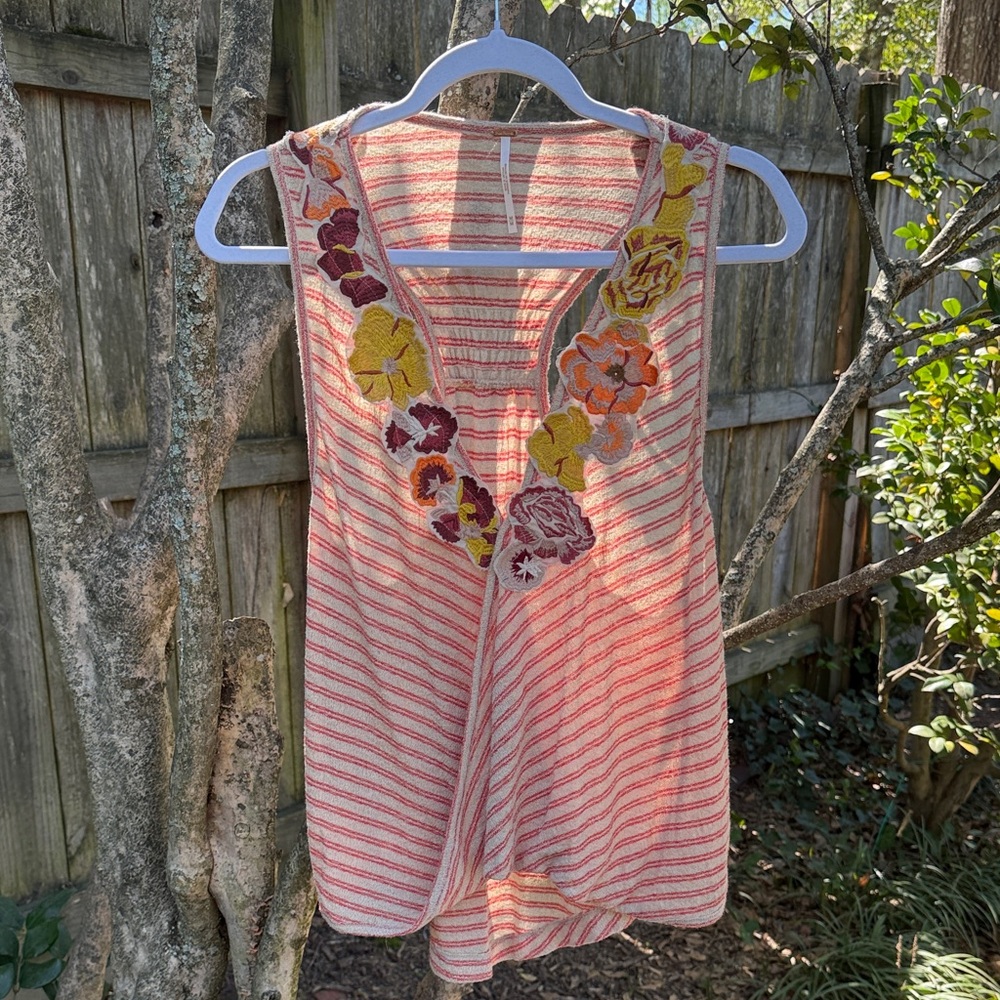 Free People Coral-Striped Floral Embroidered V-Neck Tank